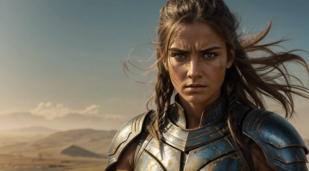 The protagonist, a fearless warrior, stands in a dominant posture, her unwavering gaze piercing through the camera lens. In this breathtaking painting, she exudes strength and determination, with muscles taut and hair flowing in the wind. His gleaming armor is battle-worn, but it shines in the sunlight, reflecting the scars of countless victories. The detailed brushstrokes capture every nuance of her expression, from the steely determination in her eyes to the resolute set of her jaw. This stunning portrait immerses viewers in the protagonist's unwavering determination, showing the essence of a true hero.