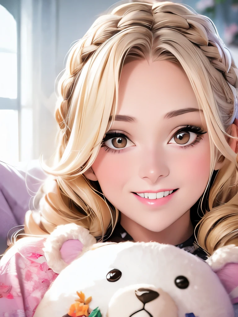 1girl walking on the river, mix4, sweater, pillow, lips, open_mouth, realistic, photo_(medium), solo, stuffed_animal, stuffed_toy, teddy_bear,(masterpiece),(photorealistic:1.3), ultra-detailed, (high detailed skin:1.2),(best quality:1.0), (ultra highres:1.0), (ulzzang-6500:0.3), wavy detailed hair, long hair, sunshine, (beautiful detailed makeup), (sexually aroused blushing heavy breathing:1.0), floral theme flower petals scattered, (soft glow bloom:0.5)