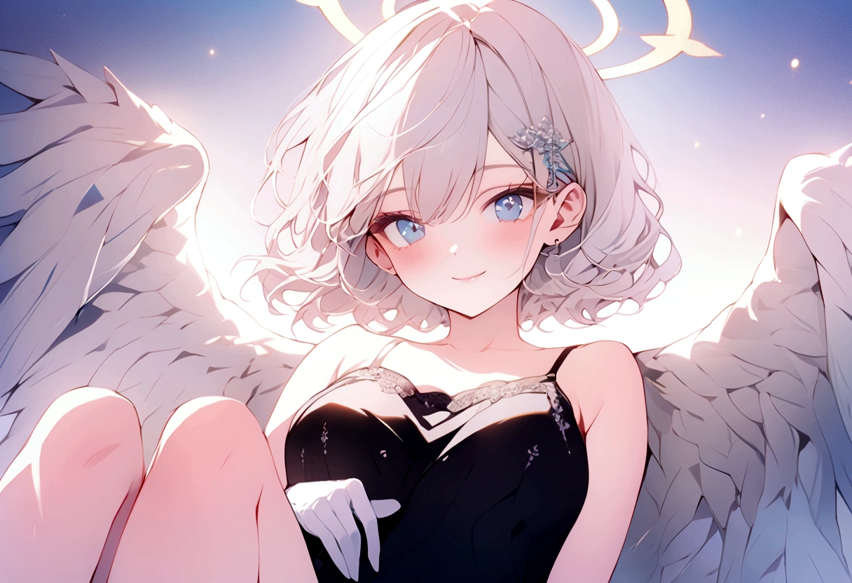 beautiful, masterpiece, Highest quality, anime, One girl, C Cup,Portrait Shot, View your viewers, Intricate details,>,((Covered、Short Hair、nearby、Blue Eyes、art、、White hair,Blue streaked hair、wallpaper、、white_gloves、hairpin、smile、Angel、Thighs、Halo、Wolf Hair、、lotion、Lying on your back、foot、camisole