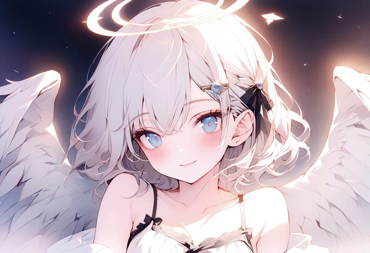 beautiful, masterpiece, Highest quality, anime, One girl, C Cup,Portrait Shot, View your viewers, Intricate details,>,((Covered、Short Hair、nearby、Blue Eyes、art、、White hair,Blue streaked hair、wallpaper、、white_gloves、hairpin、smile、Angel、Thighs、Halo、Wolf Hair、、lotion、Lying on your back、foot、camisole