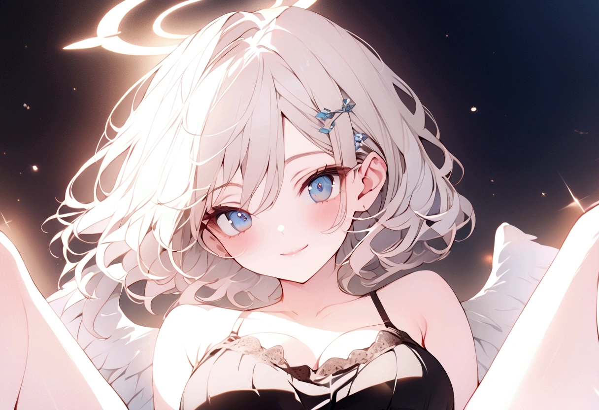 beautiful, masterpiece, Highest quality, anime, One girl, C Cup,Portrait Shot, View your viewers, Intricate details,>,((Covered、Short Hair、nearby、Blue Eyes、art、、White hair,Blue streaked hair、wallpaper、、white_gloves、hairpin、smile、Angel、Thighs、Halo、Wolf Hair、、lotion、Lying on your back、foot、camisole