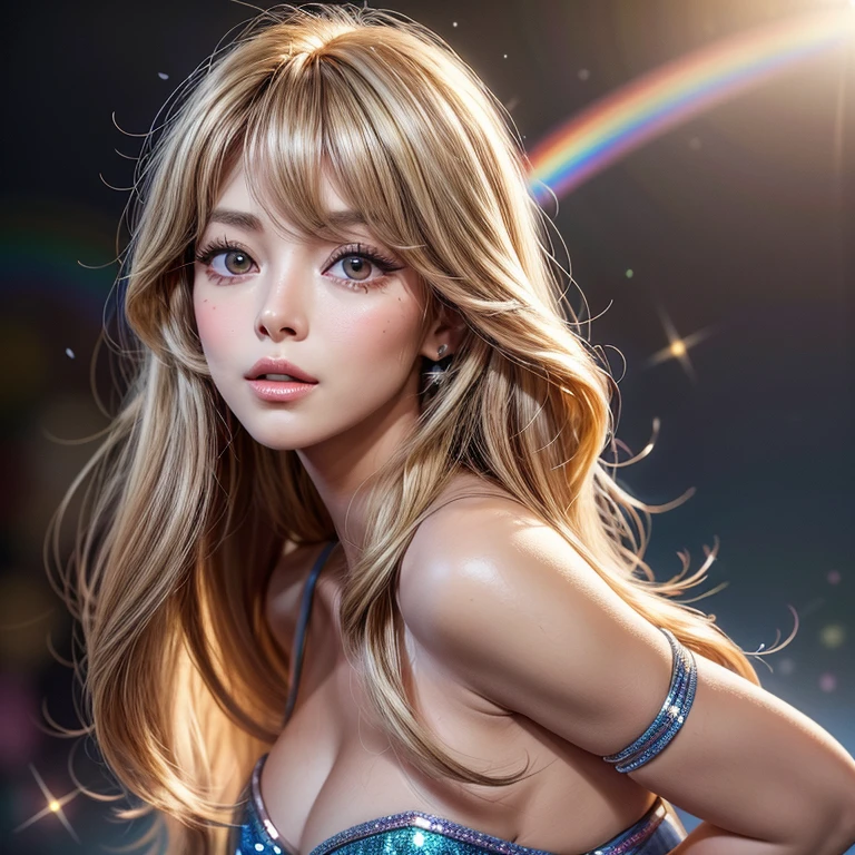 NSFW, 8k, High-level, absurd, masterpiece, best quality, primitive, very detailed CG, very detailed wallpaper, perfect lighting, Extremely detailed ((( personifying " Farrah Fawcett Majors " as a ))), MysticSight, Tyndall effect, Tyndall scattering, (Studio gray background with (Overflowing oodles Dazzling RainbowColorParticles (BokeH))), (RoundlyButts, ThighGap), (Exposed:0.4), (Assfocus with looking ahead) BREAK (Acutance:0.88), (NOGIZAKA face variations) Extremely Detailed very KAWAII face variations, perfect anatomy, Childish, CaptivatingGaze ElaboratePupils detailed Eyes with (sparkling highlights:1.28), (Voluminous LongEyelashes、GlossyRED Lips with beautiful details, RosyCheeks, Radiant PearlSkin with Transparency . { (Dynamic LifeLike expressions:1.4) | :d) }, (large eyes:-1) .