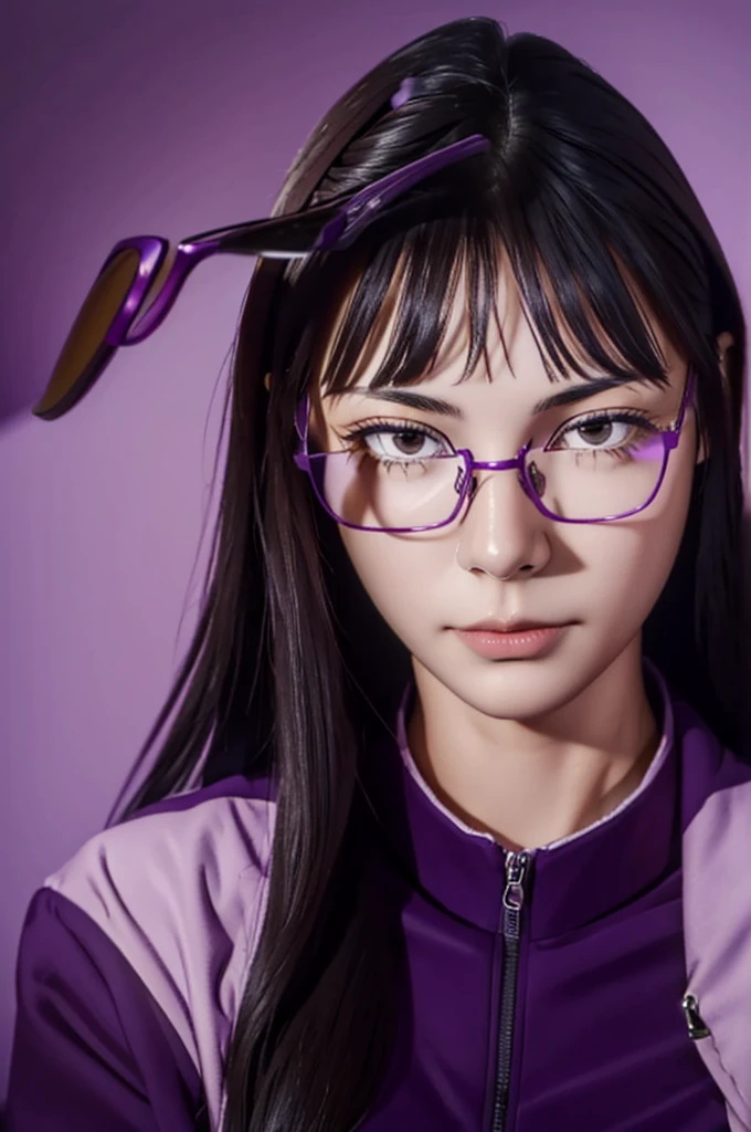 masterpiece, best quality, 1girl,,big breasts,long hair,sacramento colours hair,brown eyes,purple suiter,purple eye glasses