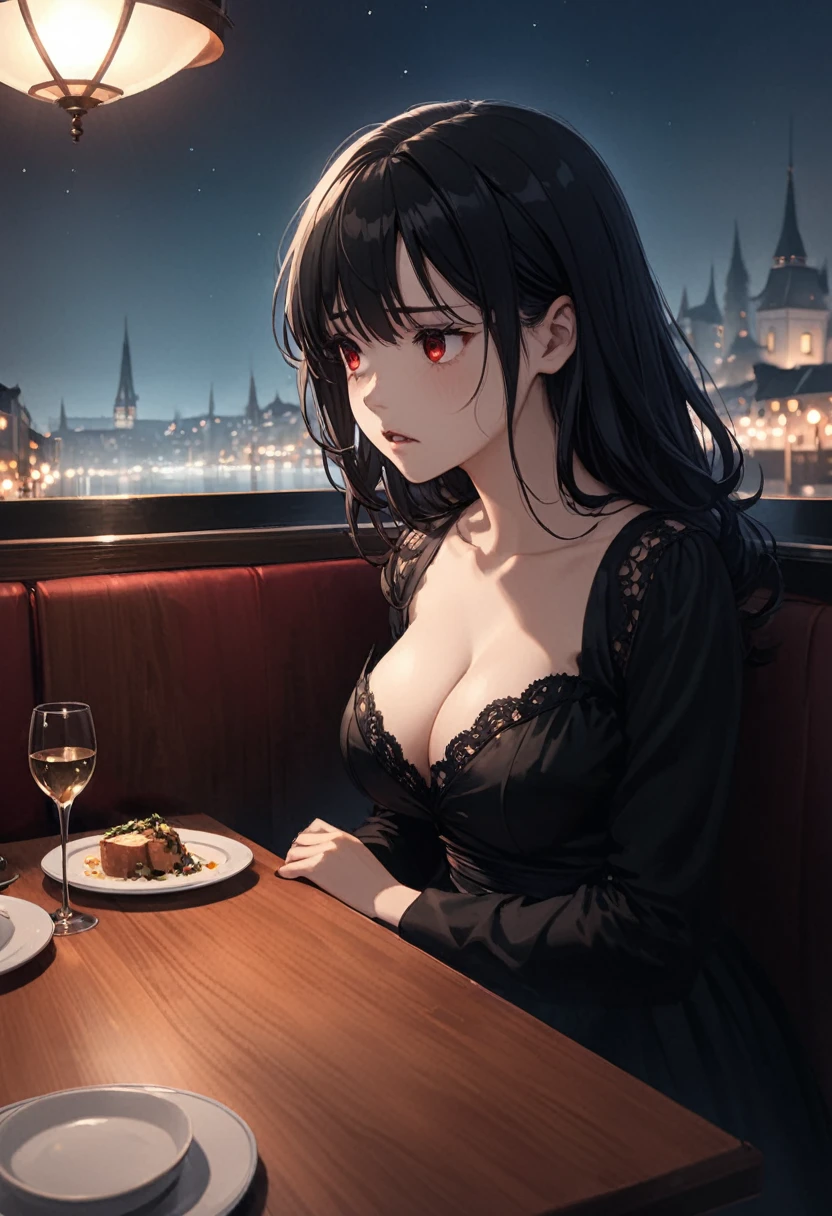 detailed illustration, dynamic angle, ultra-detailed, illustration, 1girl, late 20’s year old, dark, ht, in a fancy restaurant, eating dinner at a nice table, nigime, vampire, black dress, cleavaeyes, detailed eyes, long black hair, from the side, melancholy, sad, frowning, unsatisfied, depressed, well endowed, larger bust, a little drunk, noticealeavage