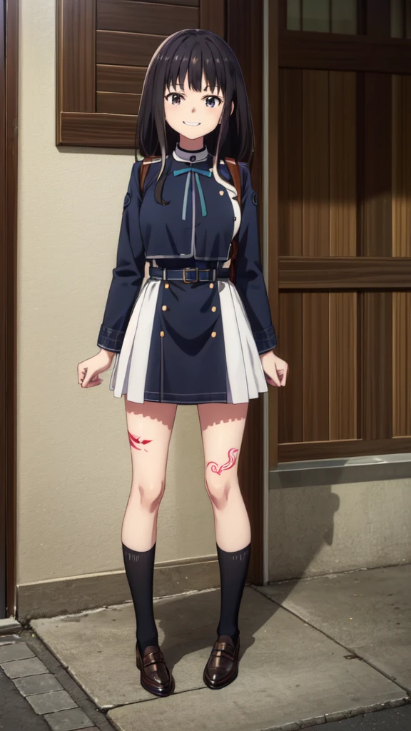 (((Pixel Perfect, Perfect in every detail))), alone, 1 personの女の子, Inoue Check, Licorice Uniform, View your viewers, Mouth closed, (((Pixel Perfect, Perfect in every detail))), alone, 女の子1 person, Chisato Nishikigi, Uniform sake, Looking at the audience, smile, Chisato, 1 personの女の子, alone, chest, Neck ribbon, Collared shirt, Uniform sake, Two-tone micro mini dress, Blue Dress, Long sleeve, Red Belt, (((1 personの女の子))),(((alone))),(((1 person))).loafers、Black socks、女の子1 person, whole body,（Looking up:1.4） alley, Contact us, Talk to your audience、Are Are standing、, 1 Girl}} Are standing,,{Show Viewer,, tattoo, High heels, Grin、smile, 軽いsmile, anger, blush, saliva, tattoo、Highlight the face、bad woman、sadistic、Are standing、Shaving, (下腹部のtattoo:1.5), (ハートのtattoo:1.5), (belly but ton: 1.1), (邪悪なsmile: 1.3), 女の子1 person, whole body,（Looking up:1.4）choker、slave、 Big Breasts、chestの膨らみ，big、