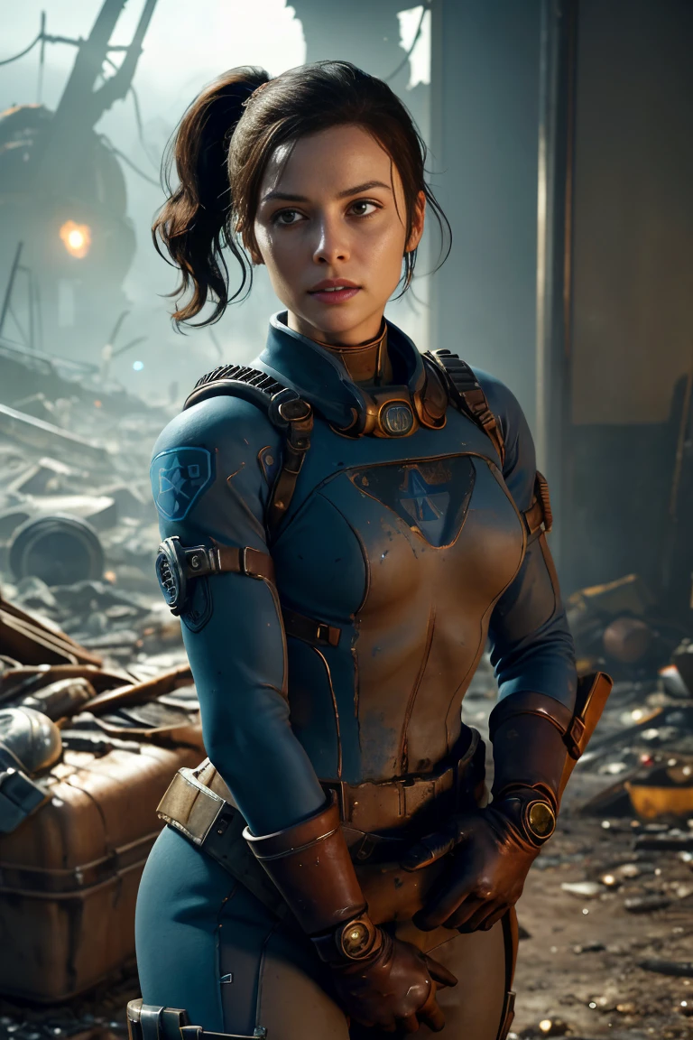 Cute and nerdy woman, (Ingrid Bergman:Gillian Jacobs:0.5), Wavy black hair tied in a ponytail, (Cutouts were made、The chest is open deep、Wearing a highly detailed blue Fallout 4 Vault Suit), A face with attention to detail, Skin with attention to detail, Seductive look, Perfect body, Perfect proportions, Nuclear wasteland background with scattered ruins, high quality, masterpiece, Realistic photos, Exquisitely crafted, 8k, High resolution, Shallow depth of field, Wide Light, High Contrast, Backlight, Sharp focus, RAW color photos, Looking into the camera, Cool colors, Dynamic pose, Fallout 4 style