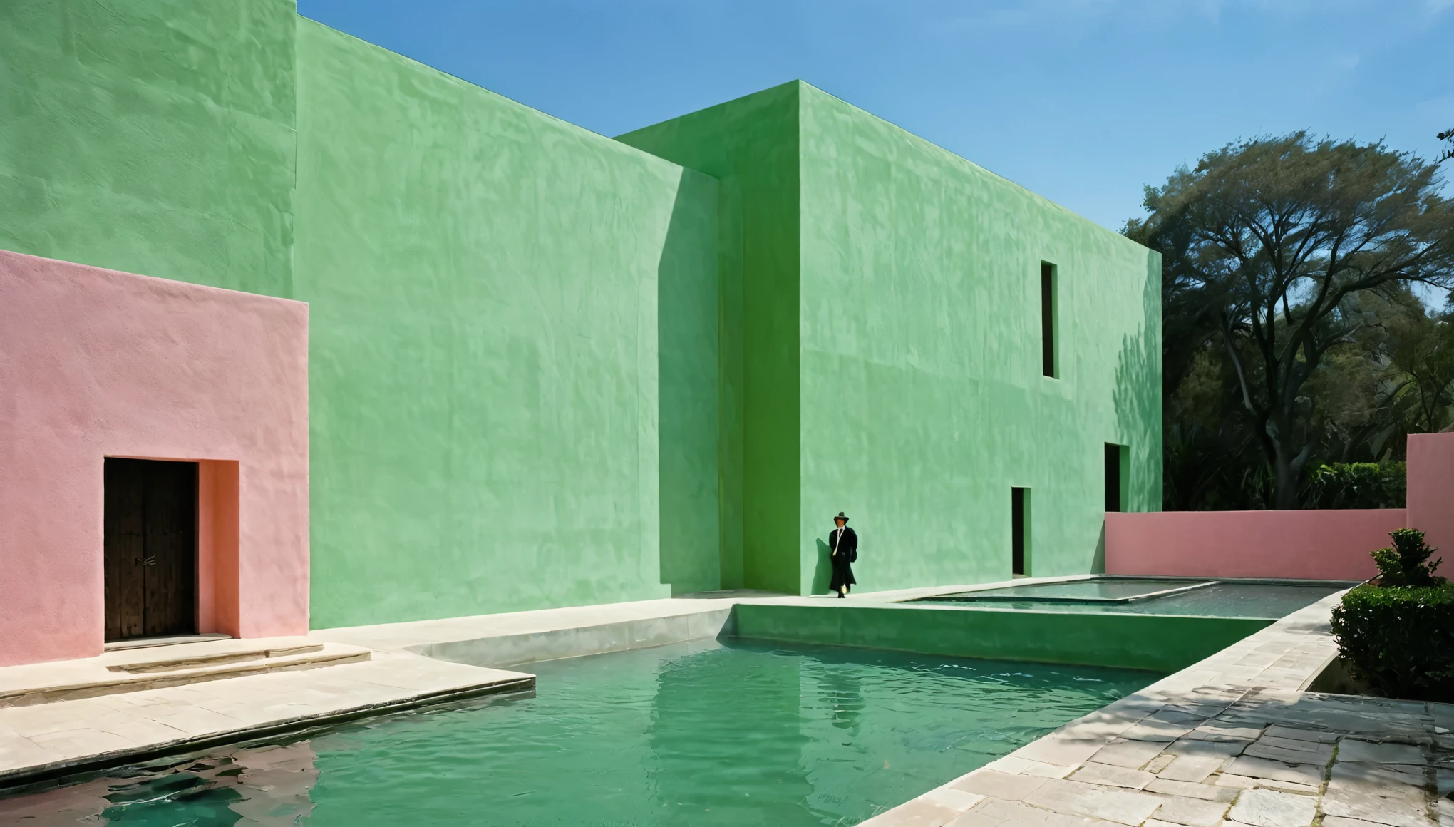 Influential Mexican architect Luis Barragán showing the world the expressive power of walls, the painterly qualities of water, and the resonance of minimalist architectural forms with people's steps., sophisticated muted-green color scheme