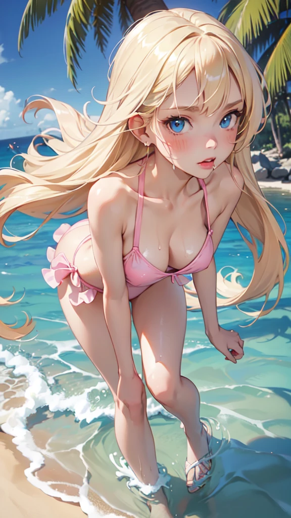 1girl, solo, elegant hair (full body: 1.1), (side at the viewer: 1.1),Piped Splice Wide Strap One Piece Swimsuit , filmg , sweet_ta, Best quality, masterpiece, blond hair, blue eyes, Exquisite mouth,Very detailed face, blush, Shiny wet skin, Pink lips, Delicate lips, beach background, splashing in the water