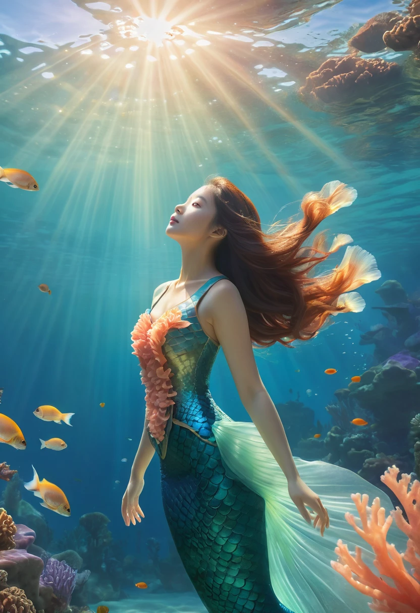 Beauty in the aquarium，Light and shadow effects，Glowing fish，Spit bubbles，Smile，Look closely，Green，gold