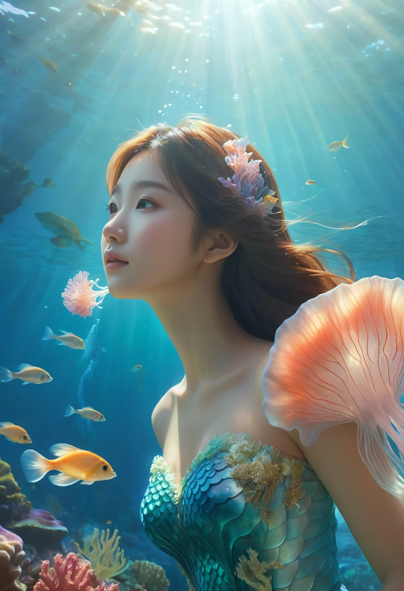 1girl, mermaid, korean traditional dress, underwater scene, detailed seascape, coral reef, sunlight shimmering through water, jellyfish, shoal of fish, serene and peaceful atmosphere, soft pastel colors, cinematic lighting, dramatic composition, fantasy, digital art, (best quality,4k,8k,highres,masterpiece:1.2),ultra-detailed,(realistic,photorealistic,photo-realistic:1.37)