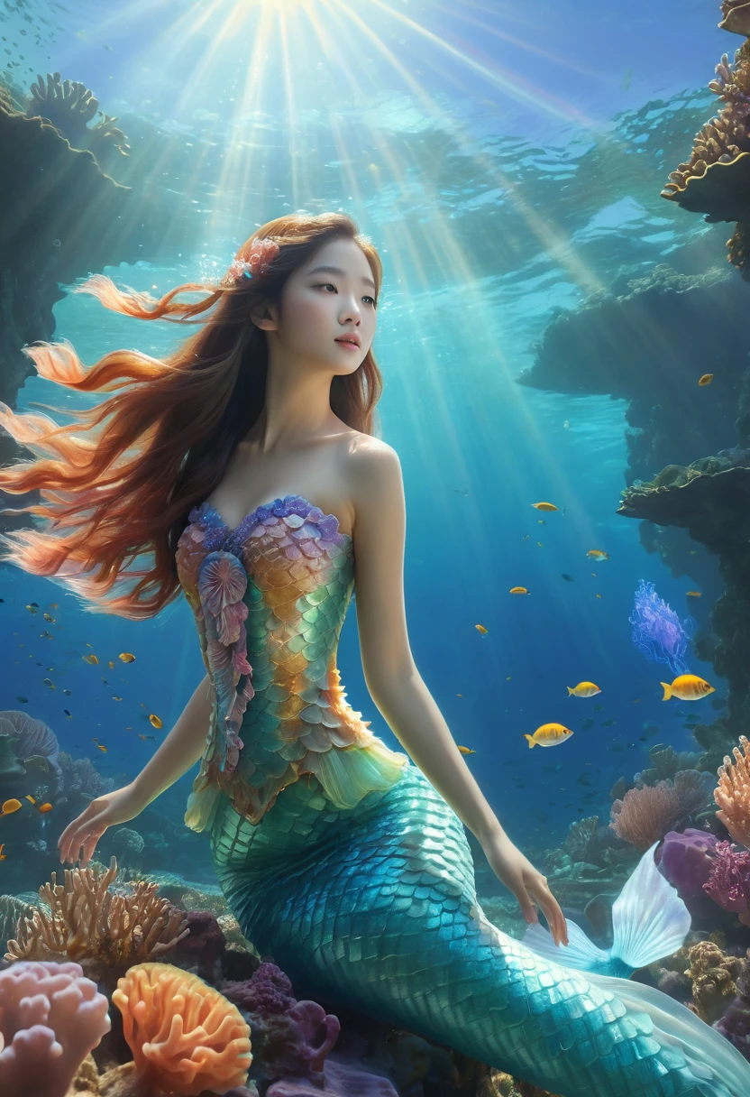 1girl, mermaid, korean traditional dress, underwater scene, detailed seascape, coral reef, sunlight shimmering through water, jellyfish, shoal of fish, serene and peaceful atmosphere, soft pastel colors, cinematic lighting, dramatic composition, fantasy, digital art, (best quality,4k,8k,highres,masterpiece:1.2),ultra-detailed,(realistic,photorealistic,photo-realistic:1.37)