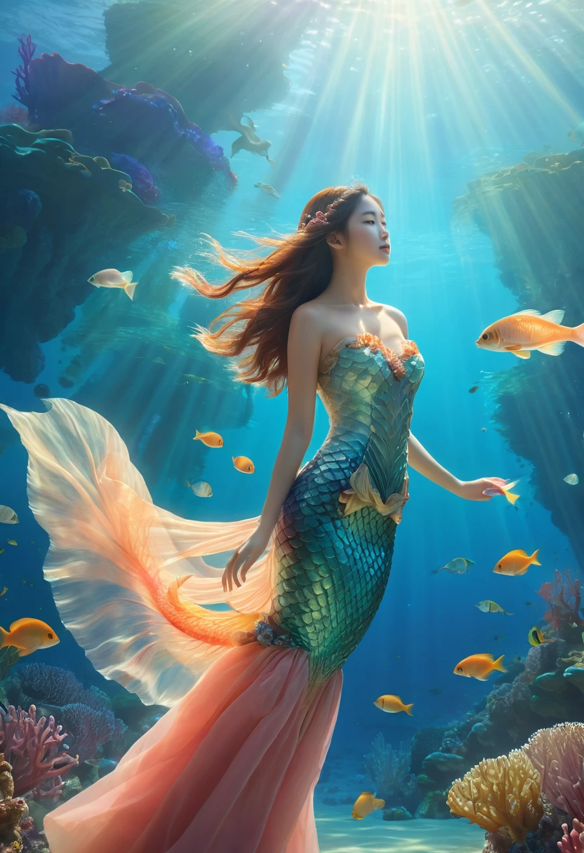 1girl, mermaid, korean traditional dress, underwater scene, detailed seascape, coral reef, sunlight shimmering through water, jellyfish, shoal of fish, serene and peaceful atmosphere, soft pastel colors, cinematic lighting, dramatic composition, fantasy, digital art, (best quality,4k,8k,highres,masterpiece:1.2),ultra-detailed,(realistic,photorealistic,photo-realistic:1.37)