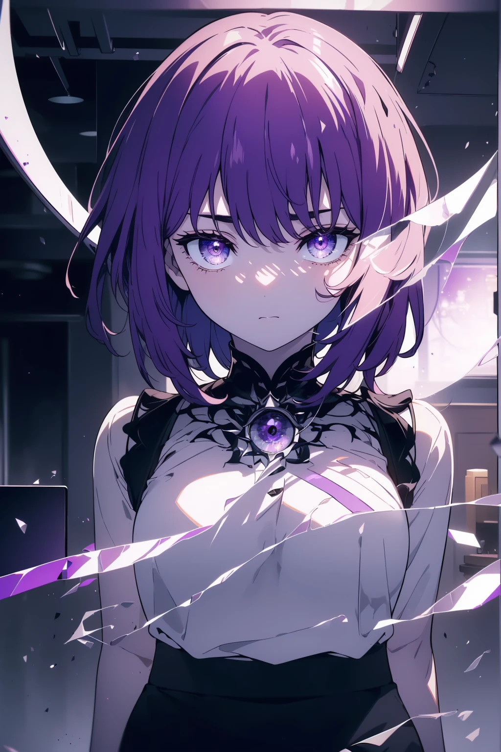 (Obra maestra, La mejor calidad, ultrahigh resolution), 1girl, standing, tech office background, white shirt with coding symbols, black pants, ((violet, violet hair:0.7), short hair cut, pale skin, ((violet eyes)), glowing_eyes, neon eyes, (ultra detailed eyes, beautiful and detailed face, detailed eyes), ((centered)), serious expression, ((wide shot)), facing viewer, eye level, (blurry background, modern tech background, indoors), average build, looking at viewer, ((focused eyes)), ((perfect hands)), (((head, arms, hips, elbows, in view))), ((holding a laptop)), confident posture, beautiful lighting, defined subject, 25 years old,