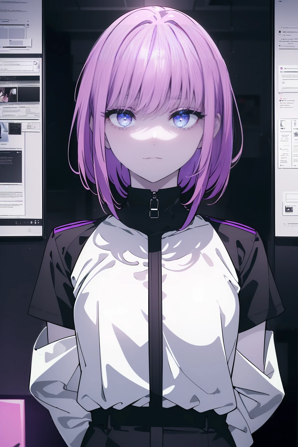 (Obra maestra, La mejor calidad, ultrahigh resolution), 1girl, standing, tech office background, white shirt with coding symbols, black pants, ((violet, violet hair:0.7), short hair cut, pale skin, ((violet eyes)), glowing_eyes, neon eyes, (ultra detailed eyes, beautiful and detailed face, detailed eyes), ((centered)), serious expression, ((wide shot)), facing viewer, eye level, (blurry background, modern tech background, indoors), average build, looking at viewer, ((focused eyes)), ((perfect hands)), (((head, arms, hips, elbows, in view))), ((holding a laptop)), confident posture, beautiful lighting, defined subject, 25 years old,