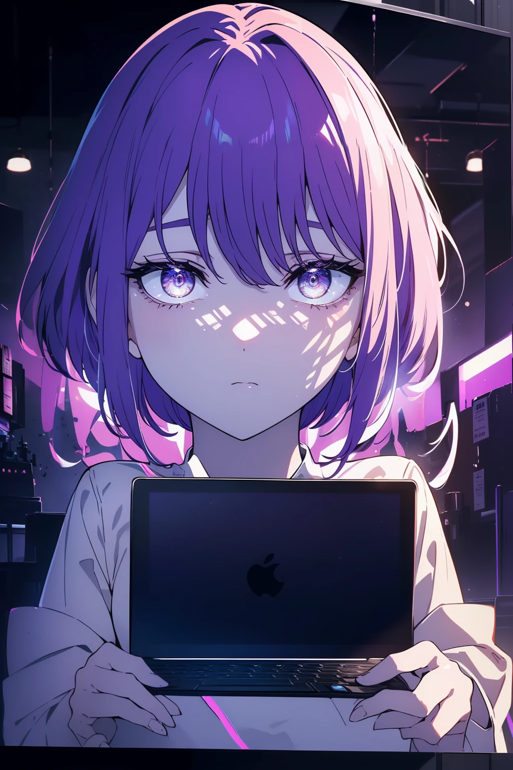(Obra maestra, La mejor calidad, ultrahigh resolution), 1girl, standing, tech office background, white shirt with coding symbols, black pants, ((violet, violet hair:0.7), short hair cut, pale skin, ((violet eyes)), glowing_eyes, neon eyes, (ultra detailed eyes, beautiful and detailed face, detailed eyes), ((centered)), serious expression, ((wide shot)), facing viewer, eye level, (blurry background, modern tech background, indoors), average build, looking at viewer, ((focused eyes)), ((perfect hands)), (((head, arms, hips, elbows, in view))), ((holding a laptop)), confident posture, beautiful lighting, defined subject, 25 years old,