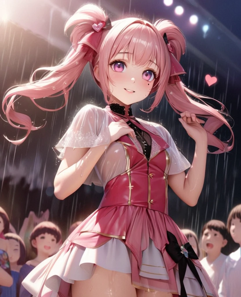 One Girl、Looking at the audience、lovely,
Beautiful pink eyes、short twin tail hair , Mole under the eye、Plump and glossy lips、Heart-shaped choca、Idol、Her name is Rico,smile、ー、。.。.。.。.。.。.。.。.。.。.。.。.。.。.。.。.。.。.3D、Realistic、
The idol's costume was soaked in the heavy rain, and her chest was wet and transparent.Heavy rain at outdoor concert, Drape clothes、gem、The decoration has been removed、Floral、Lace trim,On a glittering stage、
masterpiece、highest quality、8k、Detailed skin texture、Detailed cloth texture、Beautifully detailed face、Intricate details、Very detailed、
超A high resolution、8k Ultra HD、Film Grain、Best Shadow、delicate、Gazing at the audience、front