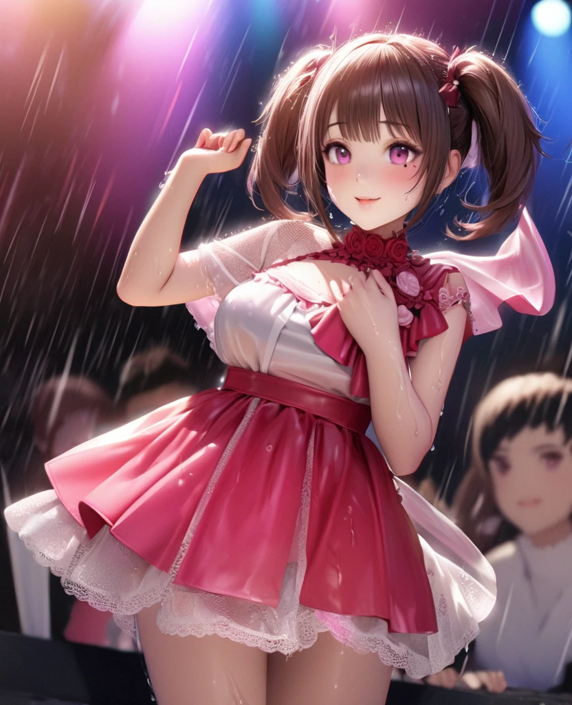 One Girl、Looking at the audience、lovely,
Beautiful pink eyes、short twin tail hair , Mole under the eye、Plump and glossy lips、Heart-shaped choca、Idol、Her name is Rico,smile、ー、。.。.。.。.。.。.。.。.。.。.。.。.。.。.。.。.。.。.3D、Realistic、
The idol's costume was soaked in the heavy rain, and her chest was wet and transparent.Heavy rain at outdoor concert, Drape clothes、gem、The decoration has been removed、Floral、Lace trim,On a glittering stage、
masterpiece、highest quality、8k、Detailed skin texture、Detailed cloth texture、Beautifully detailed face、Intricate details、Very detailed、
超A high resolution、8k Ultra HD、Film Grain、Best Shadow、delicate、Gazing at the audience、front