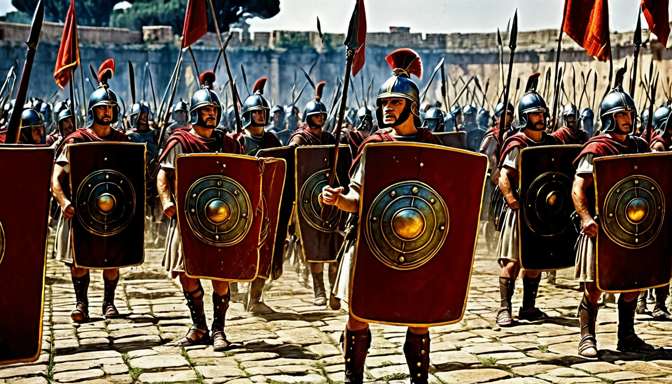 In a historical setting of Ancient Rome, the soldiers OF THE ROMAN LEGIONS HAVE THE SMALL LANCE PILOT, LARGE AND SQUARE SHIELDS WITH ROMAN SYMBOLS in their hands, they are on the battlefield, well organized, movement of soldiers in ORGANIZED rows, ready to THROW SPEARS in his enemies, time belongs to Emperor Claudio Roma, cinematographic, photoLess