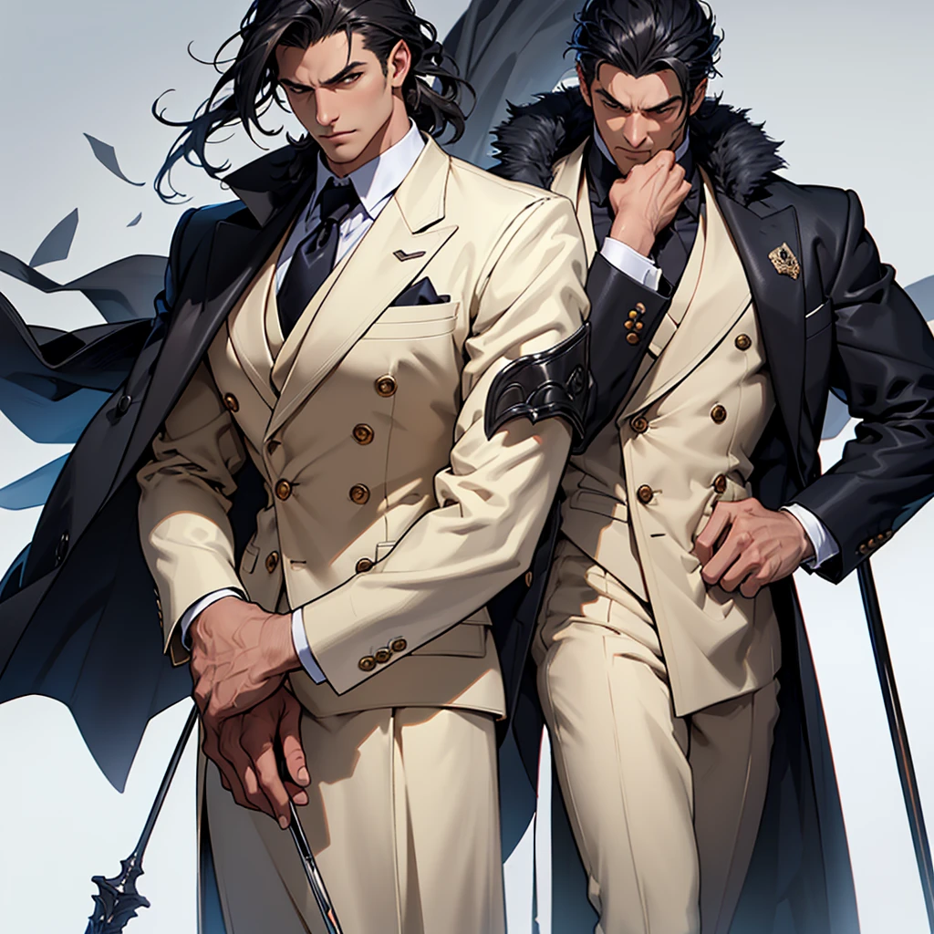 Big body, Man
1. Attire.
- The figure is wearing a white double-breasted suit with a dark tie and a vest underneath. The suit is adorned with several buttons, and the overall appearance is very sharp and formal.
- Over the suit, the figure has a large, dark fur-trimmed cape draped over the shoulders, adding a sense of grandeur and authority to the appearance.
- The figure's right arm is holding a cane or a staff, indicating a possible sense of authority or power.
2. Pose.
- The figure stands confidently with the left arm slightly bent and the hand resting on the hip, while the right arm holds the cane firmly.
- The posture is upright and commanding, suggesting confidence and control.
3. Face and Head.
- The head and face of the figure are not visible; they are shrouded in darkness or simply not drawn, which adds an element of mystery to the character.
4. Details.
- The fur trim on the cape is detailed and appears luxurious, indicating high status or wealth.
- The suit is well-fitted and meticulously designed, reinforcing the impression of a powerful and wealthy individual.
5. Body.
- Big body, a mobster Man
- Black hair
6. Place
- In the kingdom of darkness