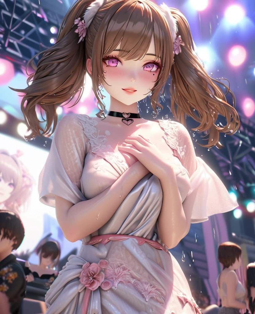 one girl, staring at the audience, beautiful pink eyes, brown hair in short twin tails, mole under eye, plump glossy lips, heart shaped choker, idol, her name is Mei, smiling, . . . 3D, realistic, idol's costume was drenched in heavy rain, her chest was wet and see-through, heavy rain at outdoor concert, draped clothes, jewelry and decorations removed, floral patterns, lace trim, glittering on stage, masterpiece, best quality, 8k, detailed skin texture, detailed fabric texture, beautifully detailed face, intricate details, highly detailed, ultra high resolution, 8k Ultra HD, film grain, best shadows, delicate, staring at the audience, front