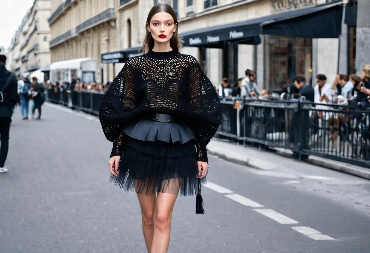 (((Masterpiece))), (top quality)), (((super detail))), professional, Paris Collection, Fashion Week, street snapshot , full length photo, French model, full lips with beige lipstick, small nose, tall and thin, very black crochet voluminous large top, large dolman sleeves, wearing voluminous tulle skirt of black, art station, ultra realistic, realistic, full color