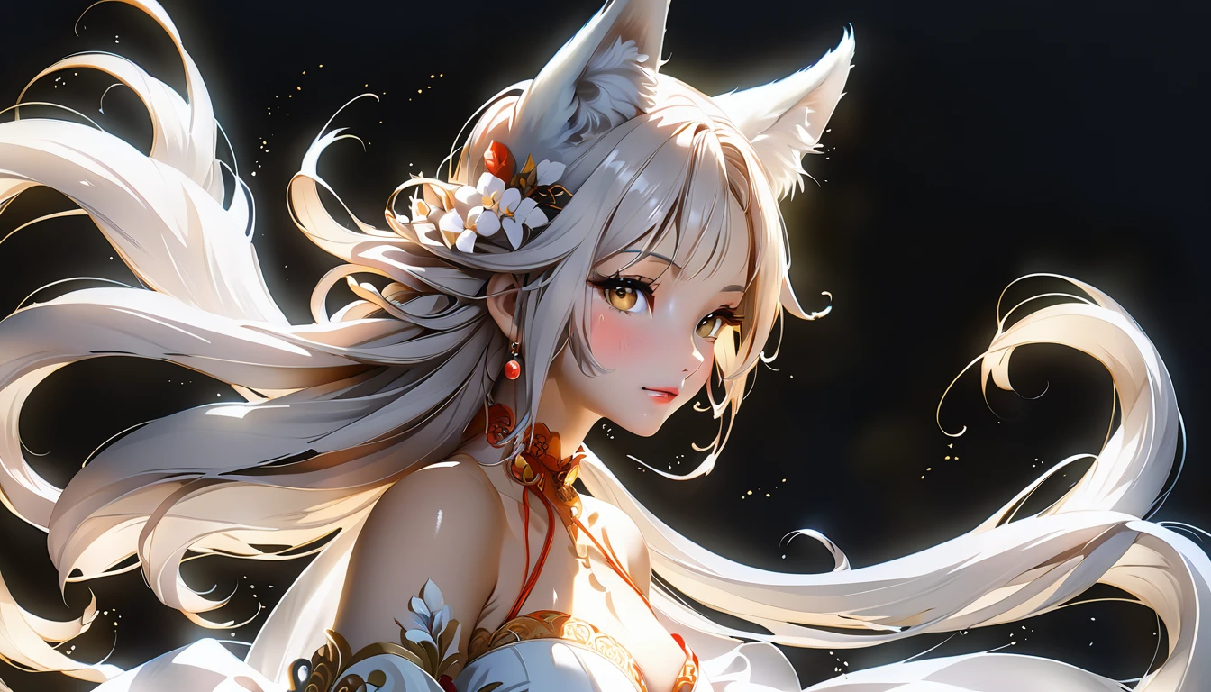 长发动漫女孩和fox, Beautiful white fox lady, 白毛fox, Beautiful character painting, Beautiful anime portrait, fox耳朵的女孩, a beautiful fox woman, Ancient mysterious style artwork, guweiz, by Ren Renfa, fox, Large Breasts,Full breasts,Golden ratio figure,Perfect body,Ultra wide-angle shooting,Full body shot,Body close-up,Look at the audience,Wearing a tulle bikini,Soft anime illustration, Soft dark background,Fujifilm XT3 Clear focus, f 5.6, High Detail, Clear focus, Dramatic, (Wearing openwork clothing), (Looking at the audience:1.8), (Natural light), (Tempting)