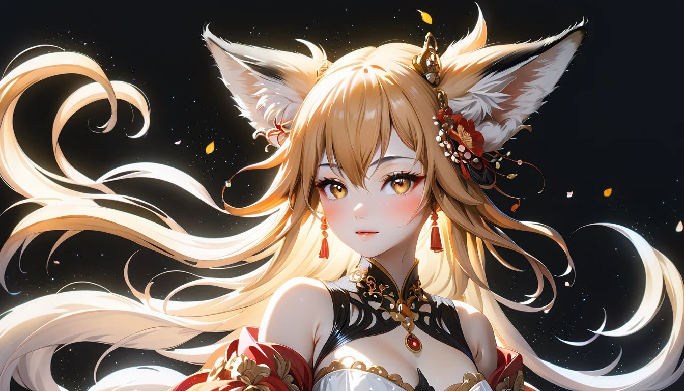 长发动漫女孩和fox, Beautiful golden red fox lady, 白毛fox, Beautiful character painting, Beautiful anime portrait, fox耳朵的女孩, a beautiful fox woman, Ancient mysterious style artwork, guweiz, by Ren Renfa, fox, Large Breasts，Full breasts，Golden ratio figure，Perfect body，Ultra wide-angle shooting，Full body shot，Body close-up，Look at the audience，Wearing a tulle bikini，Soft anime illustration, Soft dark background，Fujifilm XT3 Clear focus, f 5.6, High Detail, Clear focus, Dramatic, (Wearing openwork clothing), (Looking at the audience:1.8), (Natural light), (Tempting)