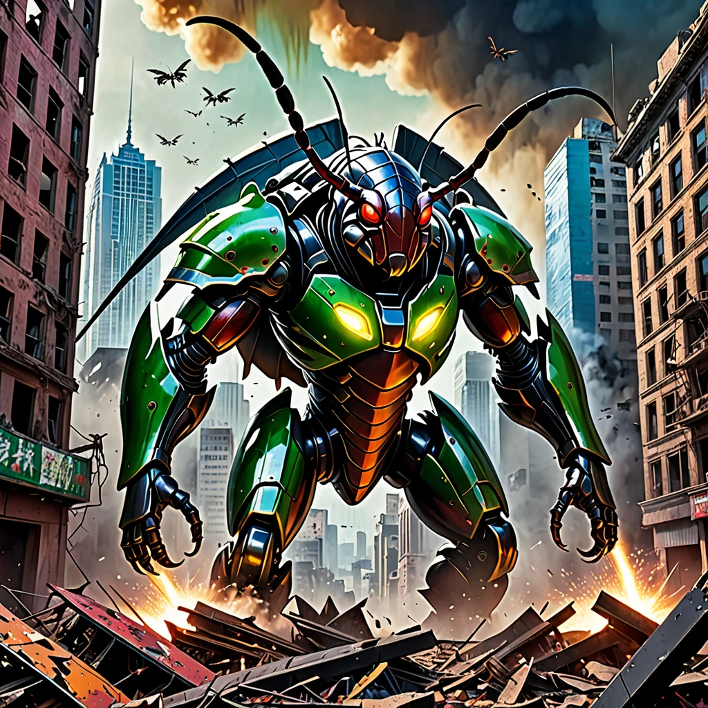 The alien city is in ruins, Omni-Man in his ripped and tattered uniform, Smeared with green blood, There is an angry look on his face, Other superheroes fighting monsters, The building collapsed、Smoke rising in the background, Vibrant color and high contrast, Dramatic lighting, 超Realisticで終末的な雰囲気, Dynamic brushstrokes create a sense of movement and chaos, Exquisite detailing of destroyed architecture and alien technology, A magnificent scale with huge buildings towering over the area, Cityscape stretching to the horizon, Intense emotion or tension expressed through facial expressions and body language, A cinematic composition that evokes a sense of awe and despair, Giant cockroach lurking in the shadows, Energy bolts and explosions fill the sky, Dark, ominous colors add to the sense of danger, Remnants of a civilization that hints at a rich history and advanced society, A sense of both beauty and destruction, Evoke a mixture of surprise and fear. (Highest quality, 4K, 8k, High resolution, masterpiece:1.2), Super detailed, (Realistic, photoRealistic, photo-Realistic:1.37), High resolution, 超High resolution, Studio Lighting, Ultra-fine painting, Sharp focus, Physically Based Rendering, Very detailed explanation, Professional, Vibrant colors, Bokeh, Portraiture, Concept Artist.
