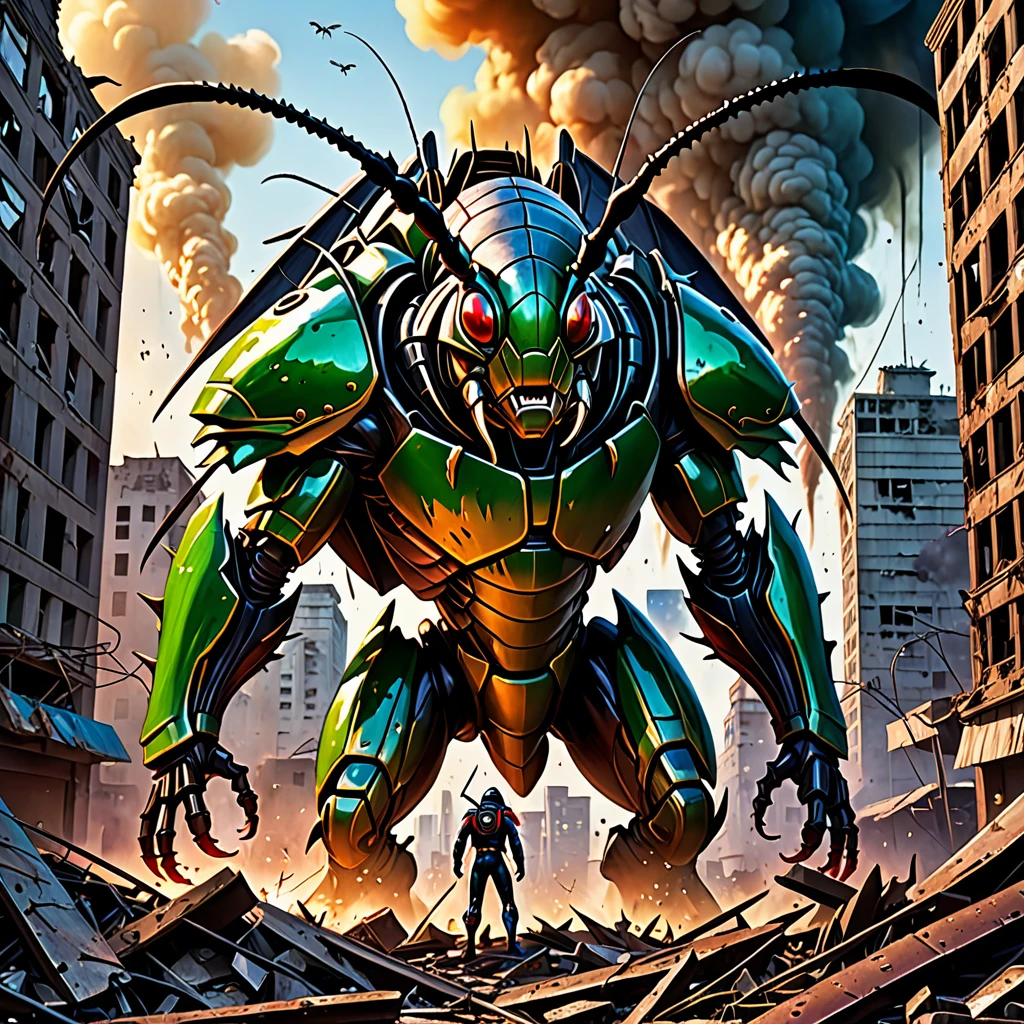 The alien city is in ruins, Omni-Man in his ripped and tattered uniform, Smeared with green blood, There is an angry look on his face, Other superheroes fighting monsters, The building collapsed、Smoke rising in the background, Vibrant color and high contrast, Dramatic lighting, 超Realisticで終末的な雰囲気, Dynamic brushstrokes create a sense of movement and chaos, Exquisite detailing of destroyed architecture and alien technology, A magnificent scale with huge buildings towering over the area, Cityscape stretching to the horizon, Intense emotion or tension expressed through facial expressions and body language, A cinematic composition that evokes a sense of awe and despair, Giant cockroach lurking in the shadows, Energy bolts and explosions fill the sky, Dark, ominous colors add to the sense of danger, Remnants of a civilization that hints at a rich history and advanced society, A sense of both beauty and destruction, Evoke a mixture of surprise and fear. (Highest quality, 4K, 8k, High resolution, masterpiece:1.2), Super detailed, (Realistic, photoRealistic, photo-Realistic:1.37), High resolution, 超High resolution, Studio Lighting, Ultra-fine painting, Sharp focus, Physically Based Rendering, Very detailed explanation, Professional, Vibrant colors, Bokeh, Portraiture, Concept Artist.