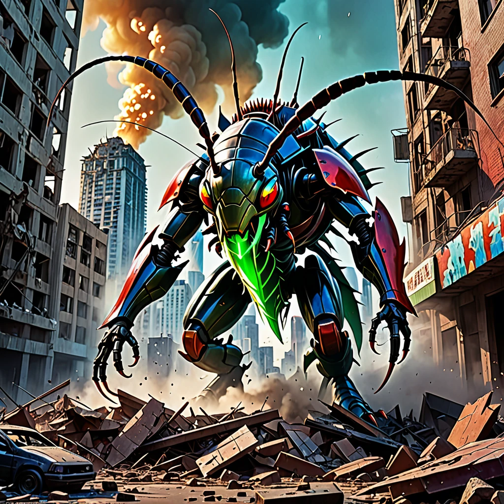 The alien city is in ruins, Omni-Man in his ripped and tattered uniform, Smeared with green blood, There is an angry look on his face, Other superheroes fighting monsters, The building collapsed、Smoke rising in the background, Vibrant color and high contrast, Dramatic lighting, 超Realisticで終末的な雰囲気, Dynamic brushstrokes create a sense of movement and chaos, Exquisite detailing of destroyed architecture and alien technology, A magnificent scale with huge buildings towering over the area, Cityscape stretching to the horizon, Intense emotion or tension expressed through facial expressions and body language, A cinematic composition that evokes a sense of awe and despair, Giant cockroach lurking in the shadows, Energy bolts and explosions fill the sky, Dark, ominous colors add to the sense of danger, Remnants of a civilization that hints at a rich history and advanced society, A sense of both beauty and destruction, Evoke a mixture of surprise and fear. (Highest quality, 4K, 8k, High resolution, masterpiece:1.2), Super detailed, (Realistic, photoRealistic, photo-Realistic:1.37), High resolution, 超High resolution, Studio Lighting, Ultra-fine painting, Sharp focus, Physically Based Rendering, Very detailed explanation, Professional, Vibrant colors, Bokeh, Portraiture, Concept Artist.