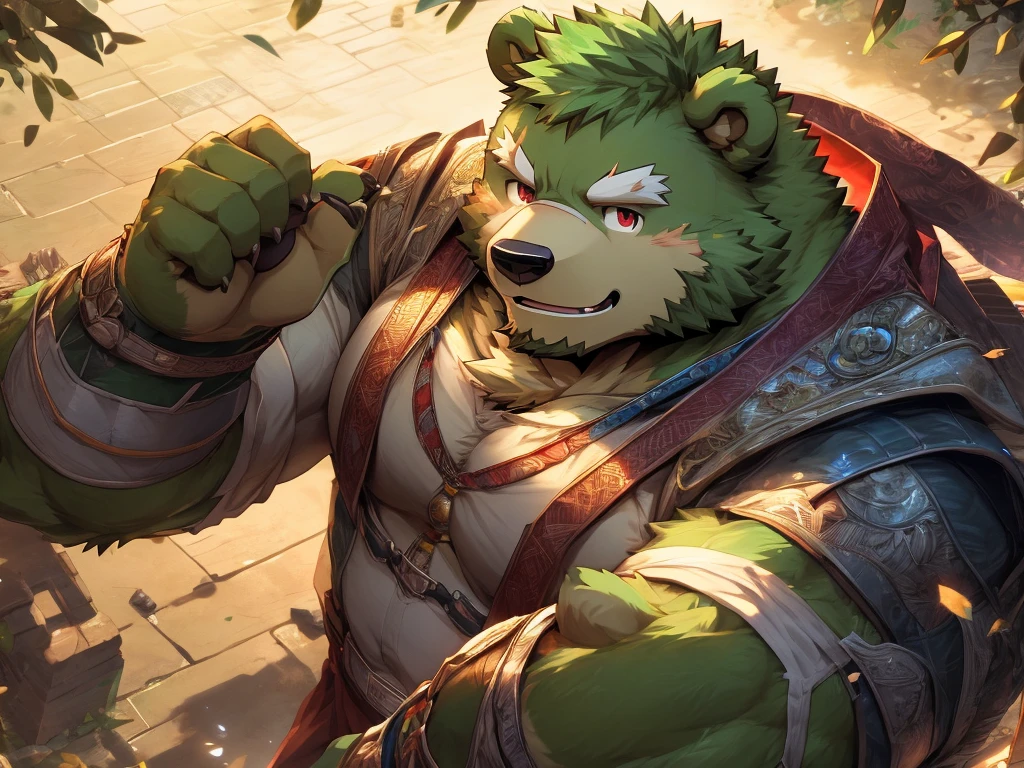 masterpiece, high quality, anime, detailed eyes, male jinpei, anthro, bear, Great physique, strong arms manly, (((green bear))), (((green fur))), green hair, beard, white eyebrows, bald, detailed red eyes, tall, Joyful, by zixiong, epic composition, Realistic lighting, HD details, Best Quality, (extremely detailed CG unified 8k wallpaper), (masterpiece:1.2), (best quality:1.3), sanrio collab, Dear Daniel, Dear Daniel outfit, high angle shot,