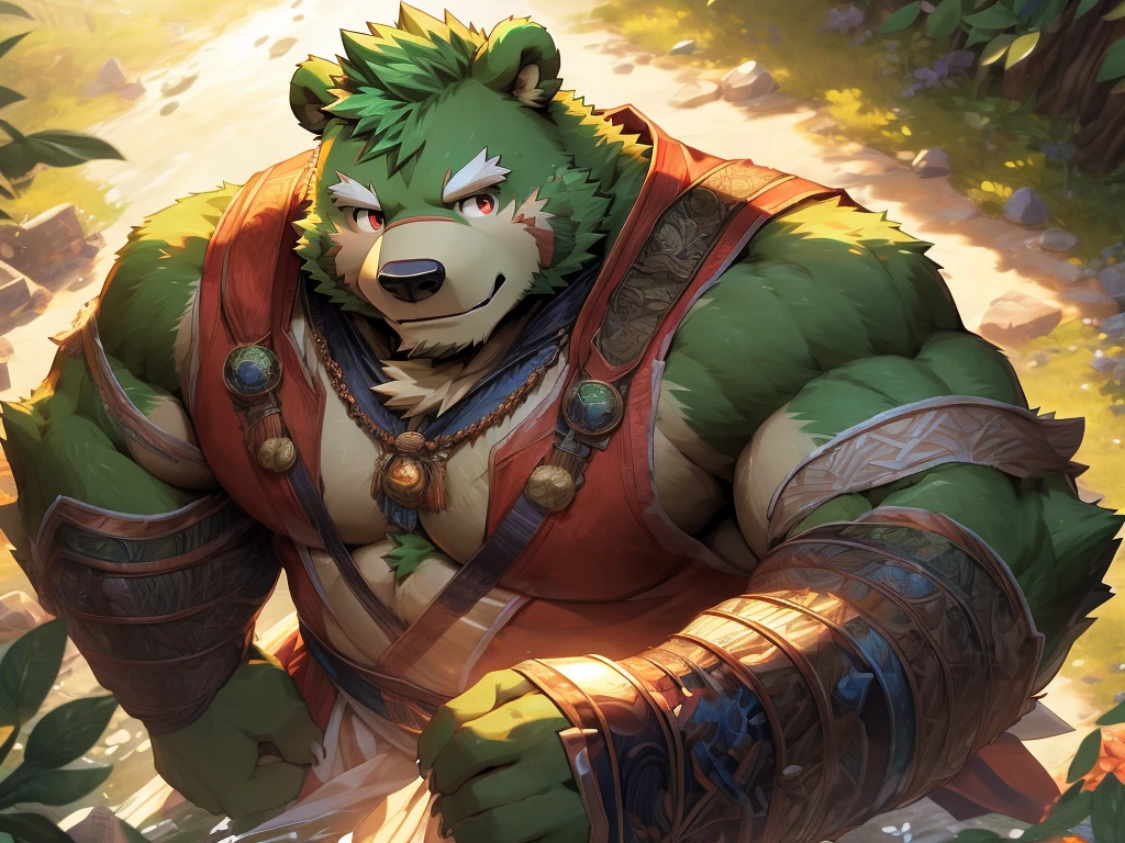 masterpiece, high quality, anime, detailed eyes, male jinpei, anthro, bear, Great physique, strong arms manly, (((green bear))), (((green fur))), green hair, beard, white eyebrows, bald, detailed red eyes, tall, Joyful, by zixiong, epic composition, Realistic lighting, HD details, Best Quality, (extremely detailed CG unified 8k wallpaper), (masterpiece:1.2), (best quality:1.3), sanrio collab, Dear Daniel, Dear Daniel outfit, high angle shot,