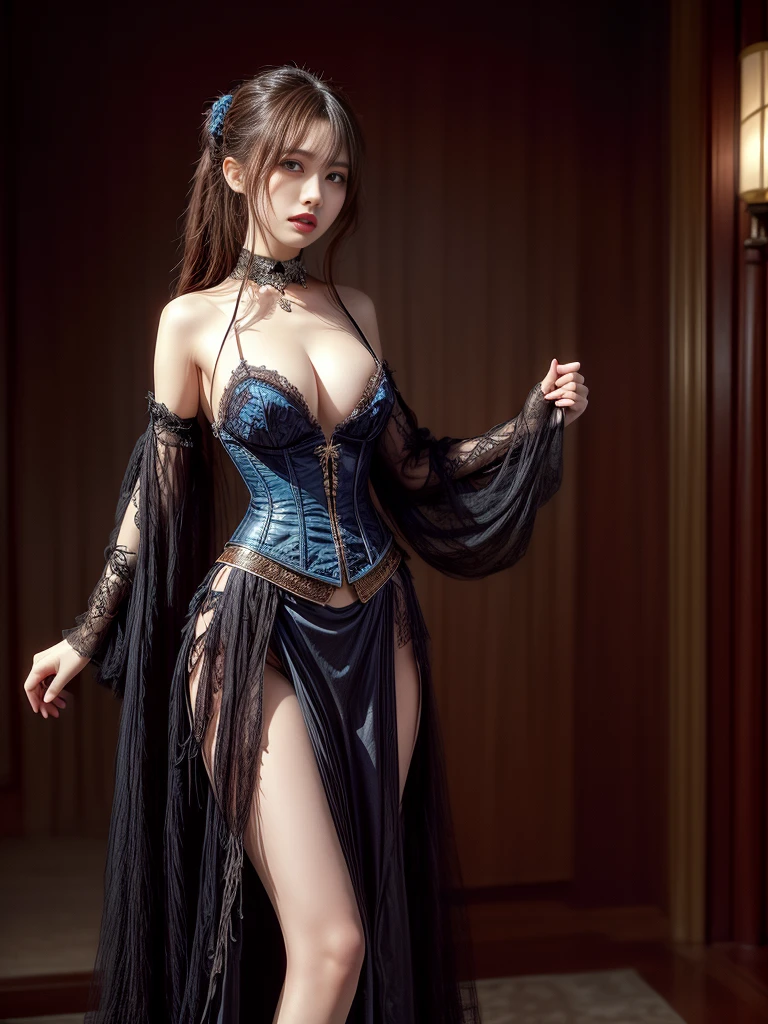(((masterpiece)))、((Highest quality))、(Ultra-detailed)、(CG illustration)、(Very beautiful girl))、Cinematic Light、((1. Mechanical Girl))、 SF、Apocalypse、Erotic and grotesque、Research Institutes(Beautiful and luxurious:1.2)、(One Girl:1.3)、Look forward,Black-haired,Corset belt,Blue high waist skirt,