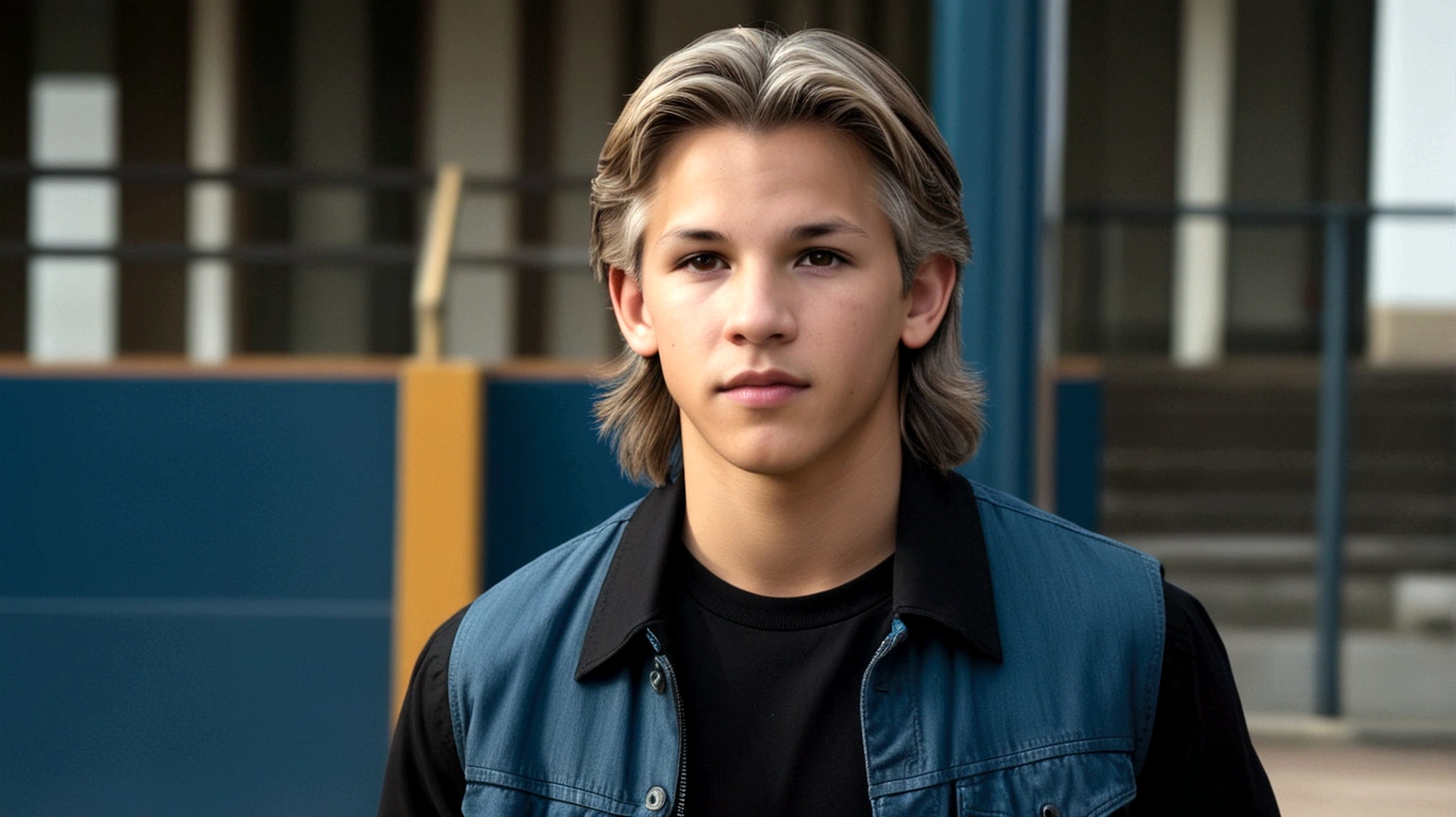 a young man called lineker, 15 years old, he has a face similar to Jon Bom Jovi, he has light hair, brown eyes, black blouse, black pants, black sneakers, in high school