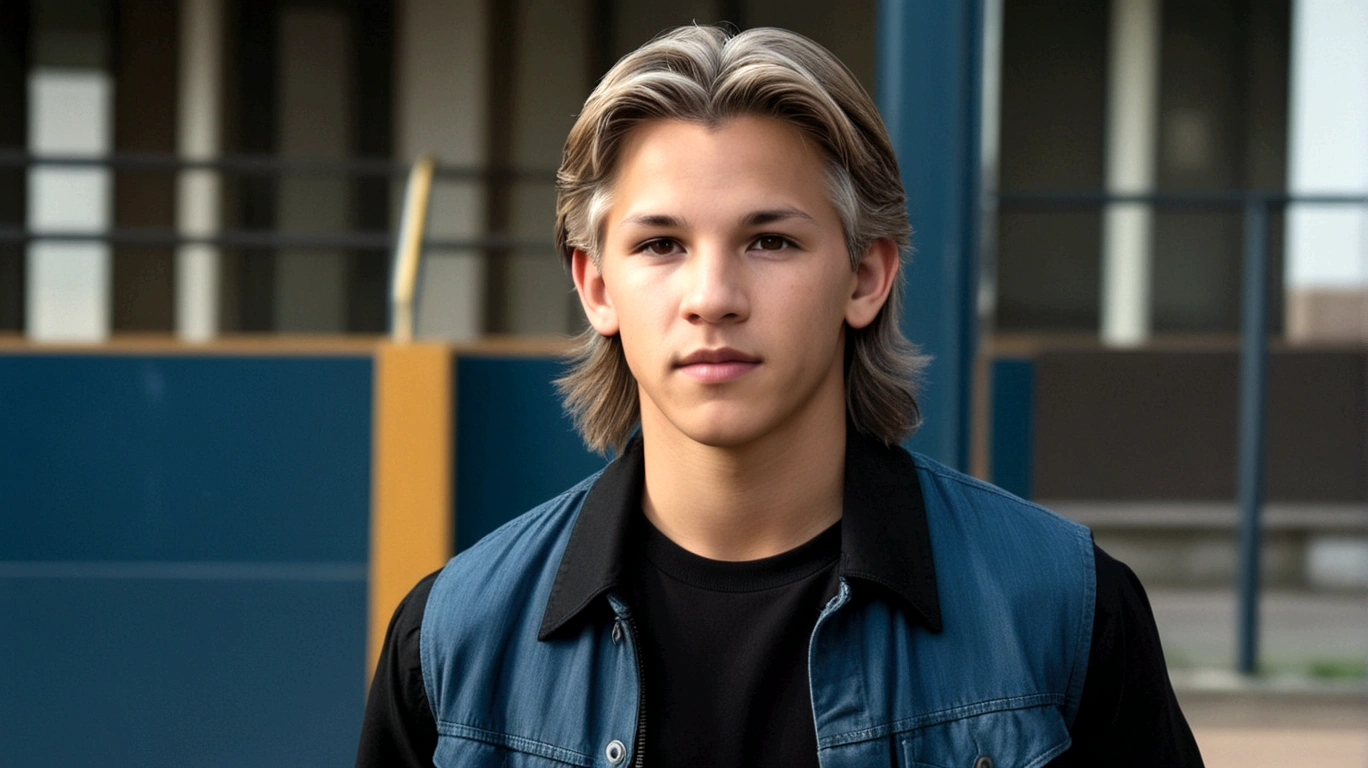 a young man called lineker, 15 years old, he has a face similar to Jon Bom Jovi, he has light hair, brown eyes, black blouse, black pants, black sneakers, in high school
