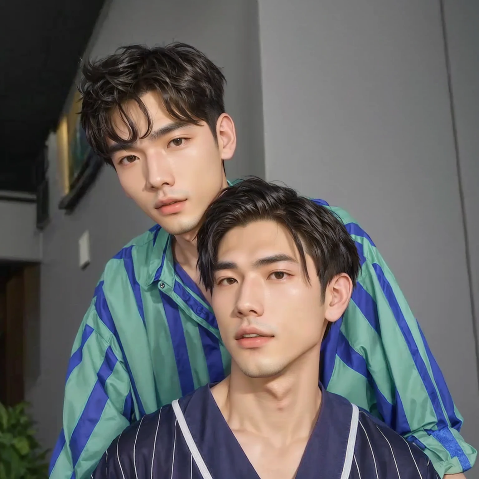 (Chinese Handsome: 1.5), Two Men Sitting Together, Green Theme, White Shirt, Business Elite, Realistic Details, Realistic Photos, Textured Skin, Looking at the Camera, 18 Year Old Boy, Studio, Model, Long Legs