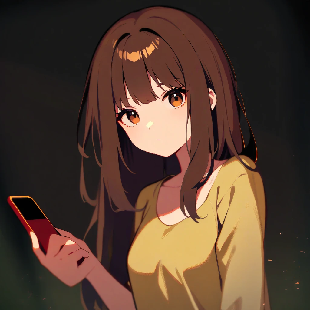 best quality,masterpiece,pixel_art,looking_at_viewer,
1girl, dark hair, brown hair, dark eyes, brown eyes, rosy cheeks, adult face, long hair, simple dresses, yellowish dress, phone in hand, dark background, dark theme, low light, horror, mystery