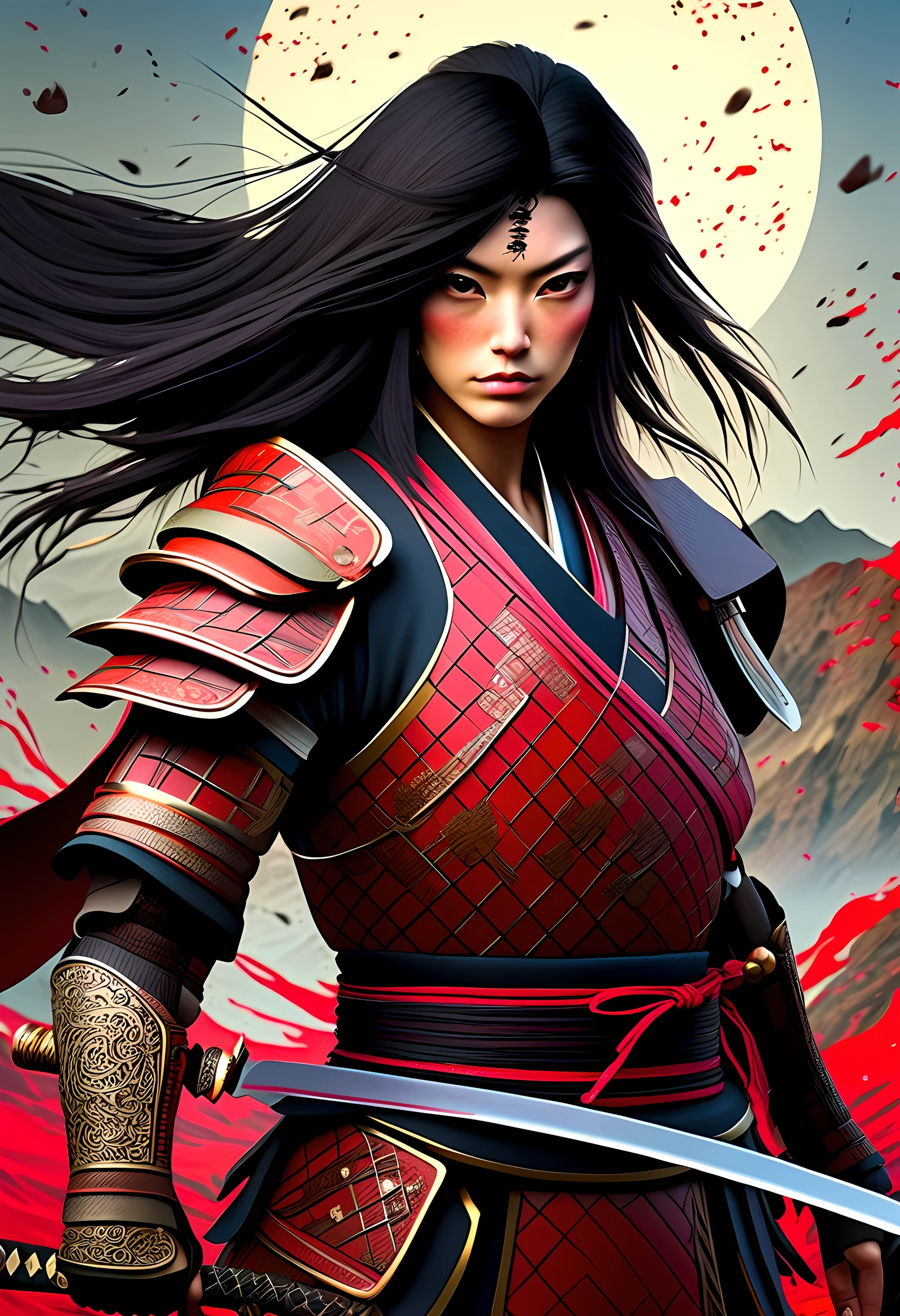 a picture of Japanese female samurai, she has long black hair, wearing samurai armor, armed with a katana, ready for battle, dynamic angle,, Japanese fantasy art, (Masterpiece: 1.5), 16k, highres, best quality, high details, ultra detailed, masterpiece, best quality, (extremely detailed), arafed, dnd art, , magical dagger