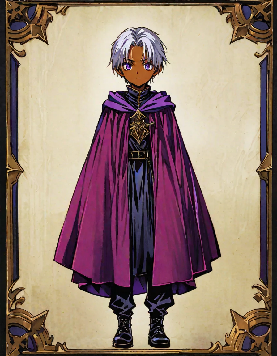 ((Highest quality)), ((masterpiece)), (((White Background))),male,(20th Generation),(Fantasy Costume),(youth),Character portrait,Gray Hair,((Front view)),(Character details),Purple Eyes,Brown skin,Eyes on the forehead,alone,Are standing,Black Armor,(Full body view)