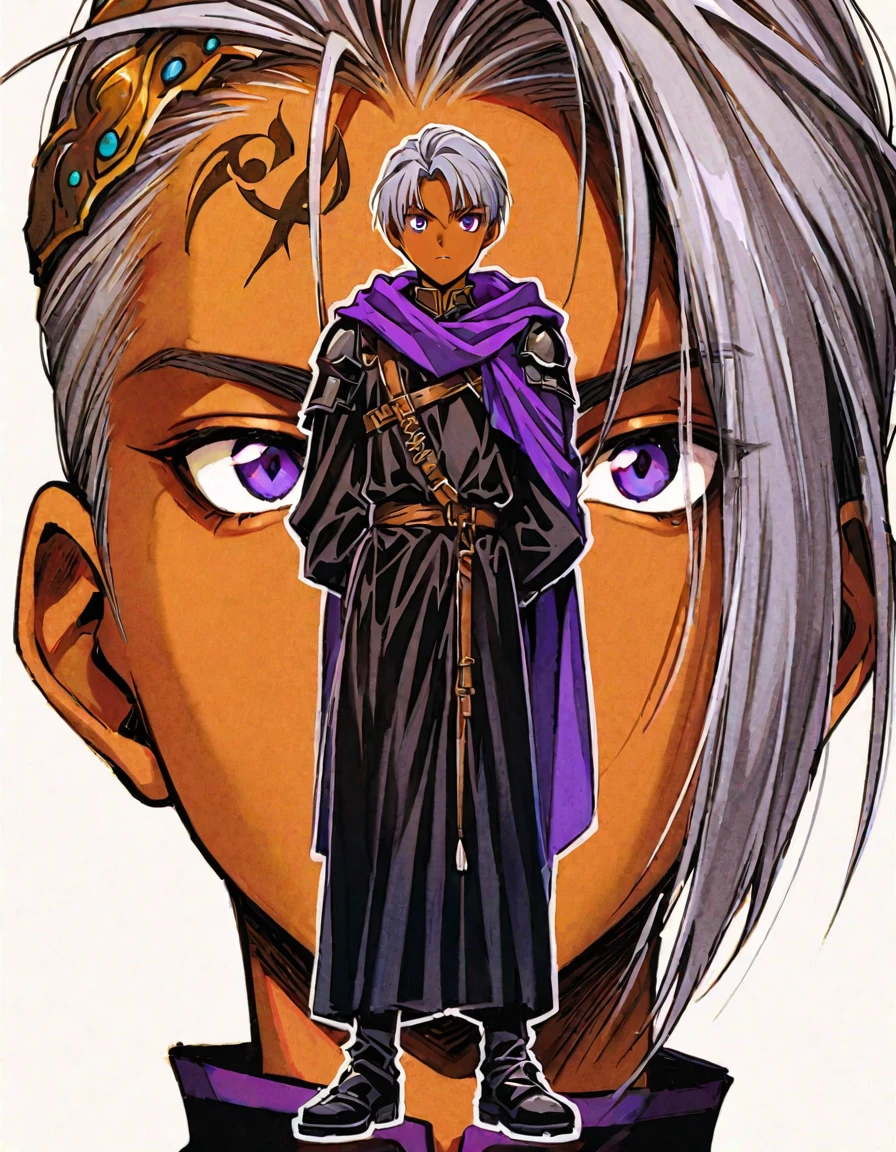 ((Highest quality)), ((masterpiece)), (((White Background))),male,(20th Generation),(Fantasy Costume),(youth),Character portrait,Gray Hair,((Front view)),(Character details),Purple Eyes,Brown skin,Eyes on the forehead,alone,Are standing,Black Armor,(Full body view)