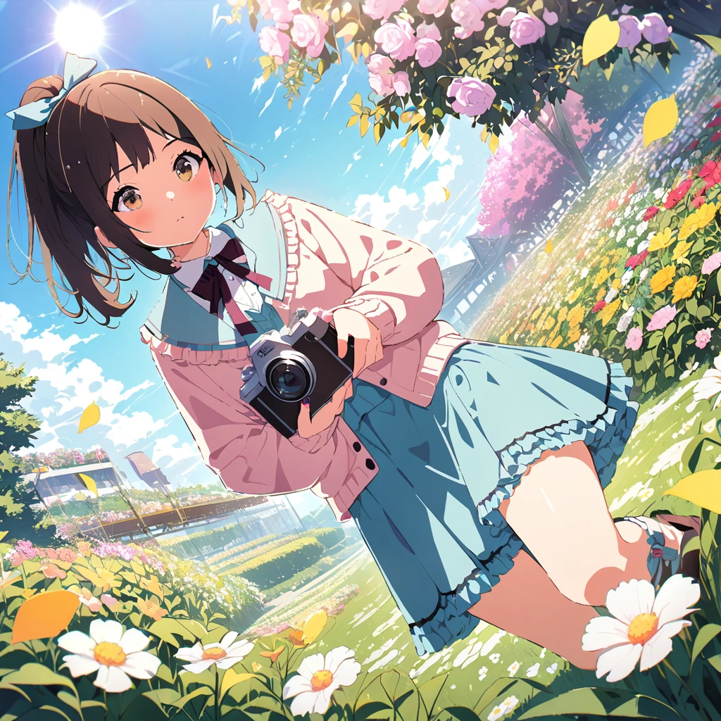 (aiko takamori(idol master):1.5), extremely pretty  girl, truly lovely face, wavy glittering brown hair, ponytail, hair ribbons, brilliant topaz eyes, glossy lips, shiny skin, slender body, wearing well designed girly frilled dress, girly cardigan, holding a retro camera, squatting down and shooting photos of flowers, outdoor, marvelous botanical gagrden, grassy field, various kinds of flowers, full bloom, flowing petals, colorful view, sunny day, transparent blue sky, white clouds, glittering sun shine, breeze, {(masterpiece, best quality), (absurdres absolutely resolution), (8k), (detailed illustration), (super fine illustration), (vibrant colors), (professional lighting), detailed beatiful face, detailed beatiful eyes, detailed beatiful hair, nice hands, perfect hands, detailed background, cinematic angle, dynamic angle, dynamic pose, distant view, (looking away:1.4)},AddXL,shine colorful, 