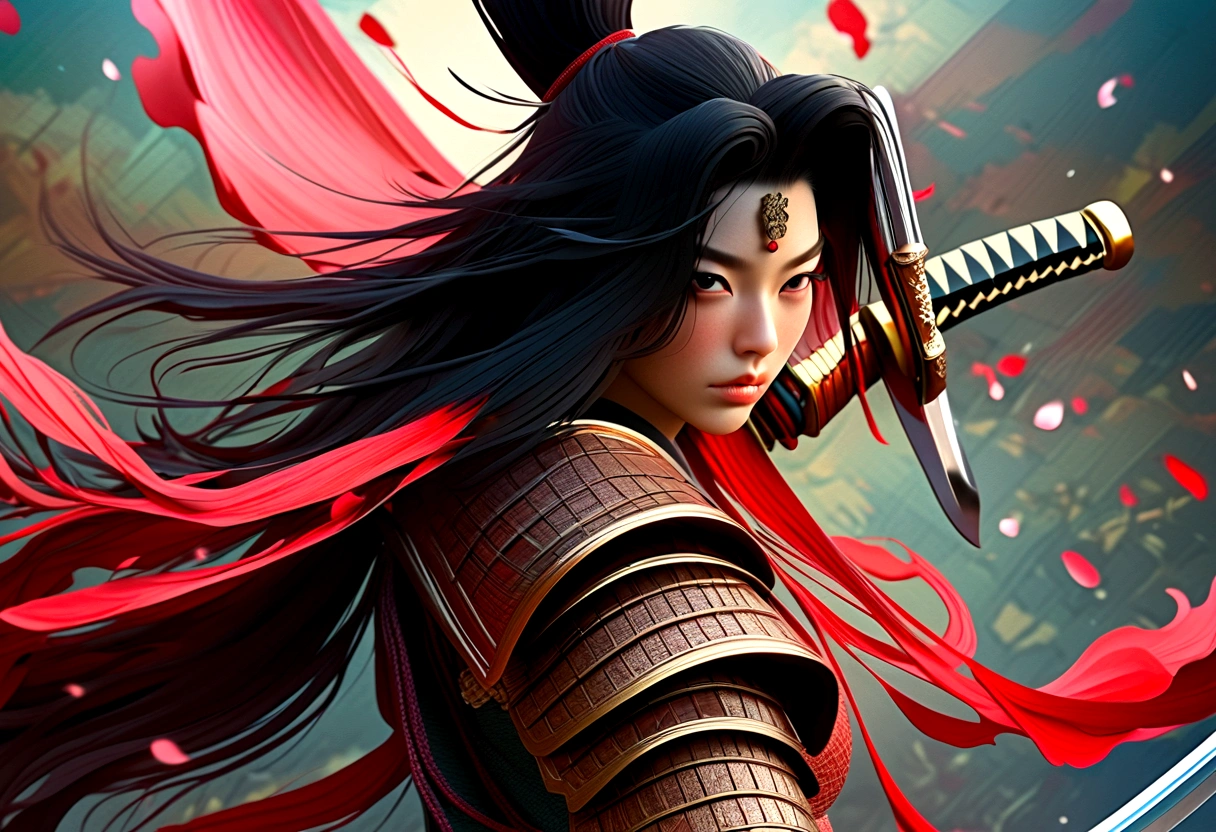 a picture of Japanese female samurai, she has long black hair, wearing samurai armor, armed with a katana, ready for battle, dynamic angle,, Japanese fantasy art, (Masterpiece: 1.5), 16k, highres, best quality, high details, ultra detailed, masterpiece, best quality, (extremely detailed), arafed, dnd art, , magical dagger