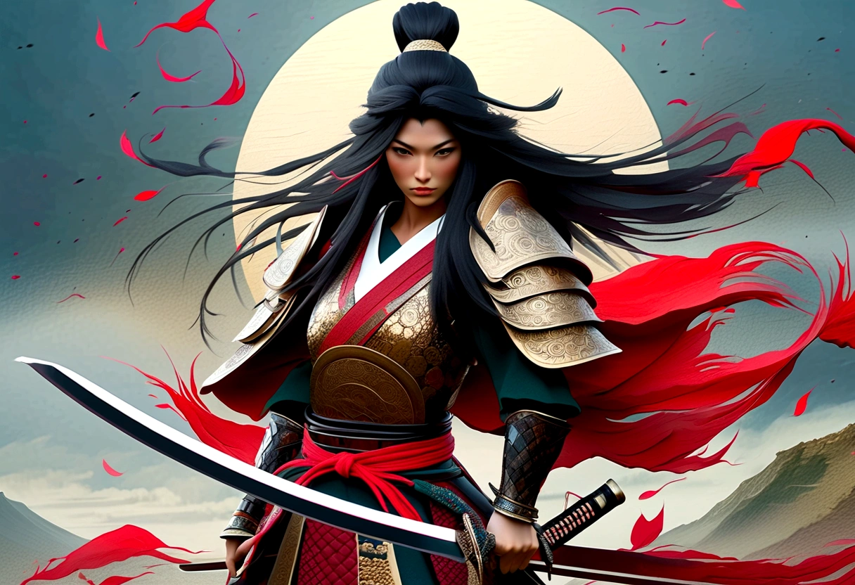 a picture of Japanese female samurai, she has long black hair, wearing samurai armor, armed with a katana, ready for battle, dynamic angle,, Japanese fantasy art, (Masterpiece: 1.5), 16k, highres, best quality, high details, ultra detailed, masterpiece, best quality, (extremely detailed), arafed, dnd art, , magical dagger