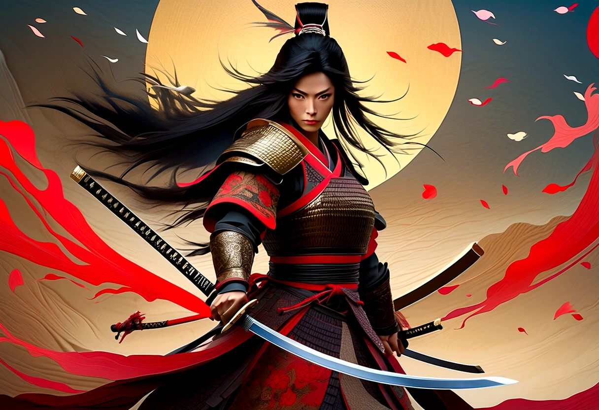 a picture of Japanese female samurai, she has long black hair, wearing samurai armor, armed with a katana, ready for battle, dynamic angle,, Japanese fantasy art, (Masterpiece: 1.5), 16k, highres, best quality, high details, ultra detailed, masterpiece, best quality, (extremely detailed), arafed, dnd art, , magical dagger