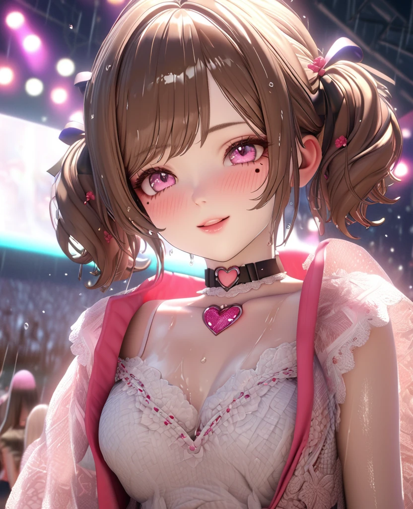 one girl, staring at the audience, beautiful pink eyes, brown hair in short twin tails, mole under eye, plump glossy lips, heart shaped choker, idol, her name is Mei, smiling, . . . 3D, realistic, idol's costume was drenched in heavy rain, her chest was wet and see-through, heavy rain at outdoor concert, draped clothes, jewelry and decorations removed, floral patterns, lace trim, glittering on stage, masterpiece, best quality, 8k, detailed skin texture, detailed fabric texture, beautifully detailed face, intricate details, highly detailed, ultra high resolution, 8k Ultra HD, film grain, best shadows, delicate, staring at the audience, front