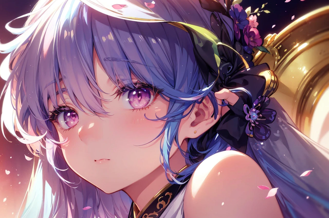 (masterpiece, best quality), (finely detailed beautiful eyes), ((1girl)), ((solo)),(finely detailed eyes and detailed face), (beautiful and clear background), (extremely detailed CG, ultra-detailed, best shadow), ((depth of field)), ((watercolor)), (oni), (kimono), flowers and petals, beautiful concept illustration, (white background),(blue hair), (pink eyes)