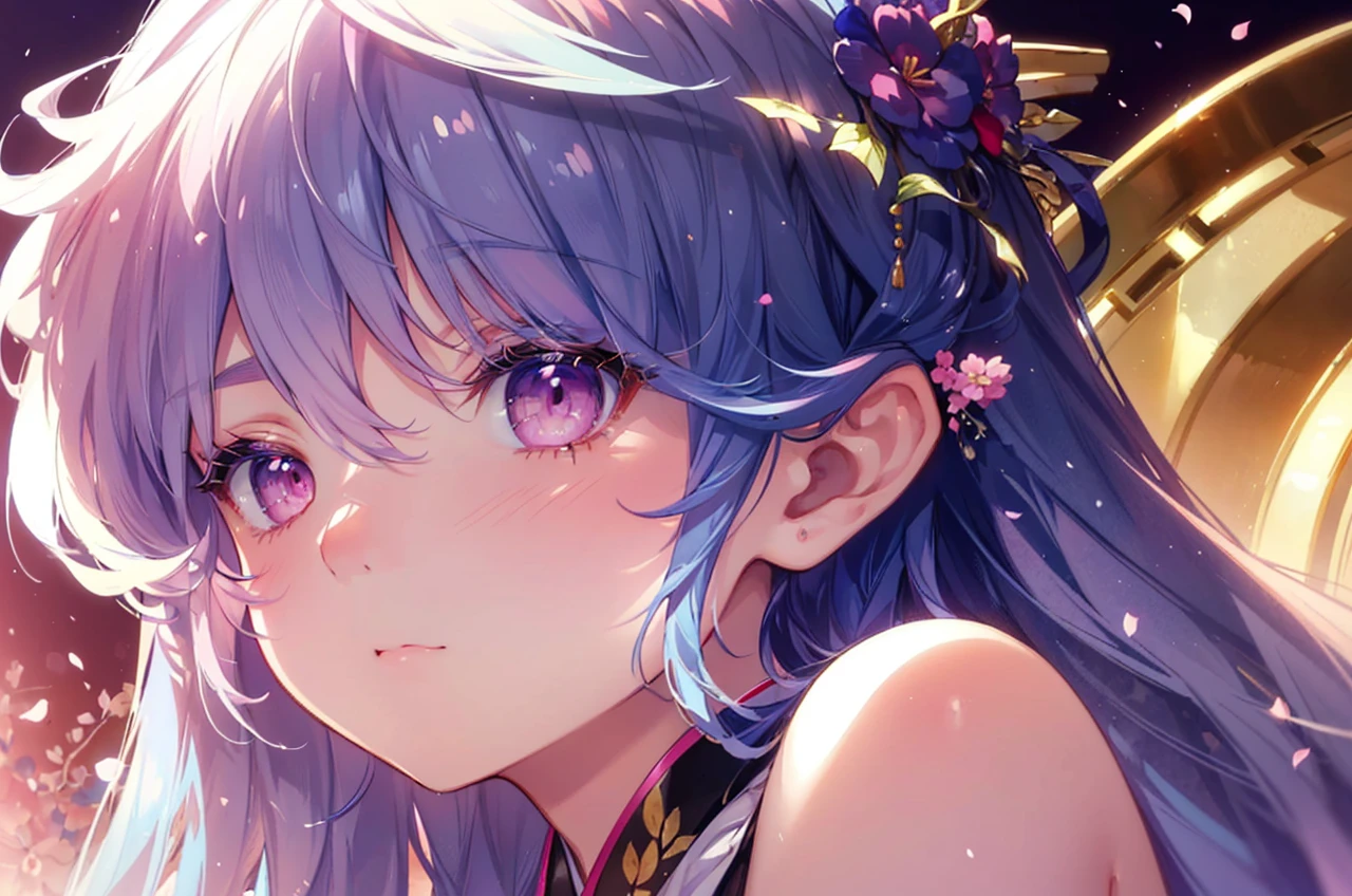(masterpiece, best quality), (finely detailed beautiful eyes), ((1girl)), ((solo)),(finely detailed eyes and detailed face), (beautiful and clear background), (extremely detailed CG, ultra-detailed, best shadow), ((depth of field)), ((watercolor)), (oni), (kimono), flowers and petals, beautiful concept illustration, (white background),(blue hair), (pink eyes)