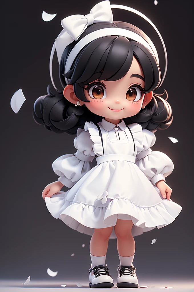 masterpiece, best quality, a cute chibi girl smiling, (((black hair))), (((white pinafore dress))), (((short puffy sleeves shirt))), white hairbow, white socks, (((black))) mary jane pumps, school backpack, (((full body))), (((brown skin))