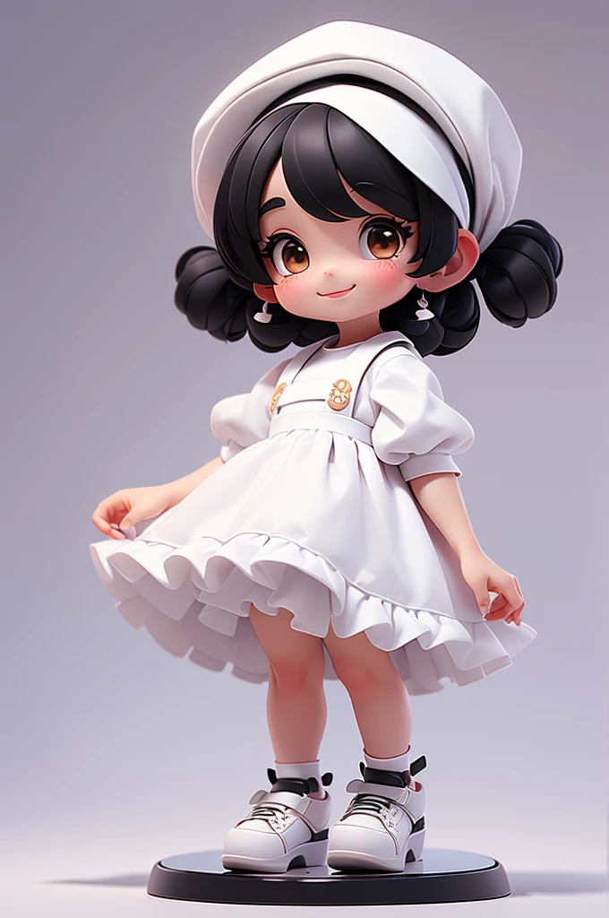 masterpiece, best quality, a cute chibi girl smiling, (((black hair))), (((white pinafore dress))), (((short puffy sleeves shirt))), white hairbow, white socks, (((black))) mary jane pumps, school backpack, (((full body))), (((brown skin))