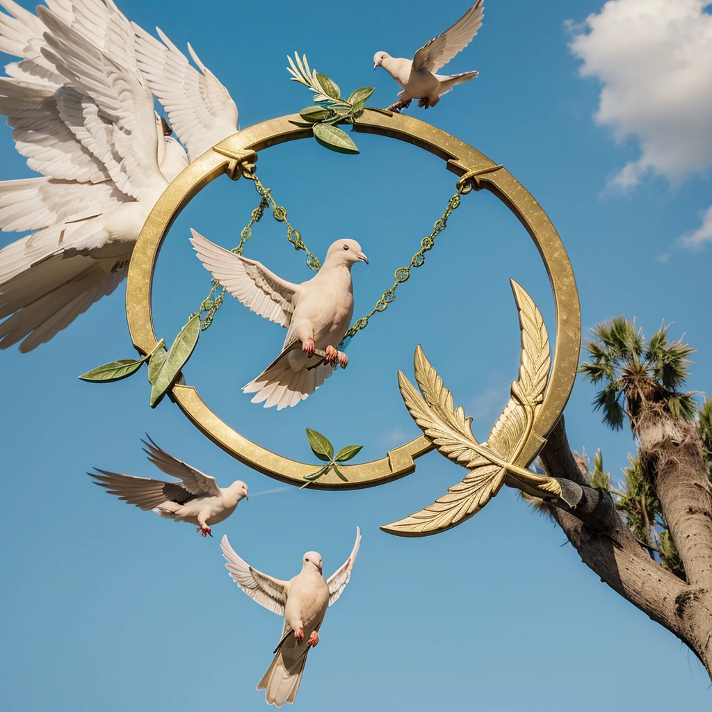 Create a digital image that symbolizes UN Sustainable Development Goal 16: "Peace, Justice and Strong Institutions". In the center of the image is a dove of peace with an olive branch. Around the dove, depict different people holding hands.In the background, depict government buildings or a tree with deep roots, symbolizing strong institutions.
Color Palette:
- Light blue and white are symbols of peace.
- Gold and green symbolize justice and stability.